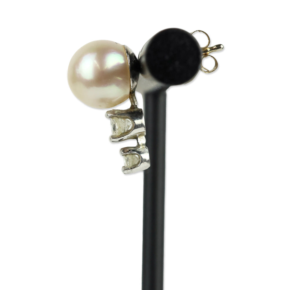 Pearl and 2 Diamond Silver Stud Earrings