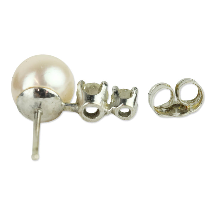 Pearl and 2 Diamond Silver Stud Earrings