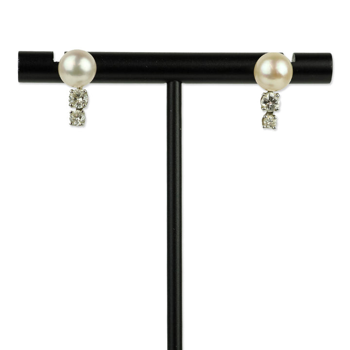 Pearl and 2 Diamond Silver Stud Earrings