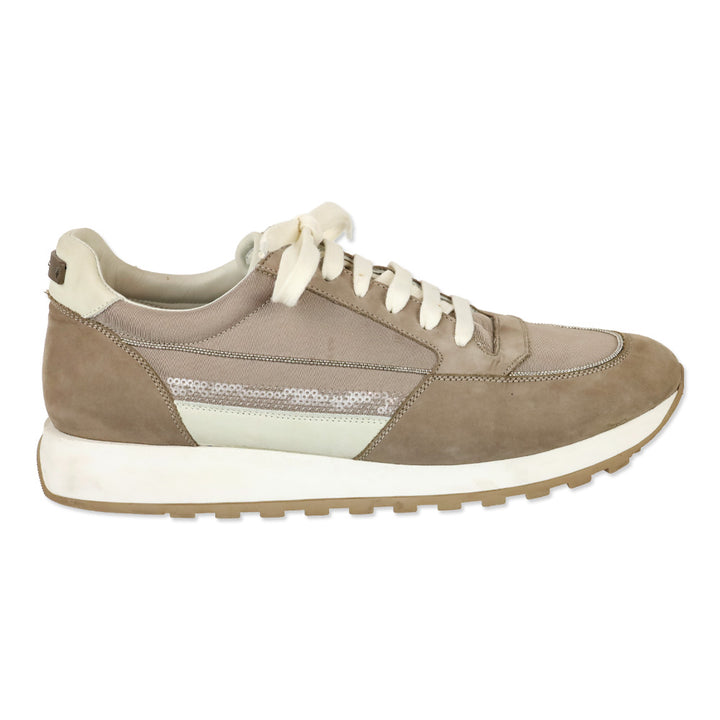 Peserico Amber Beige Nubuck Sequin Low-Top Sneaker