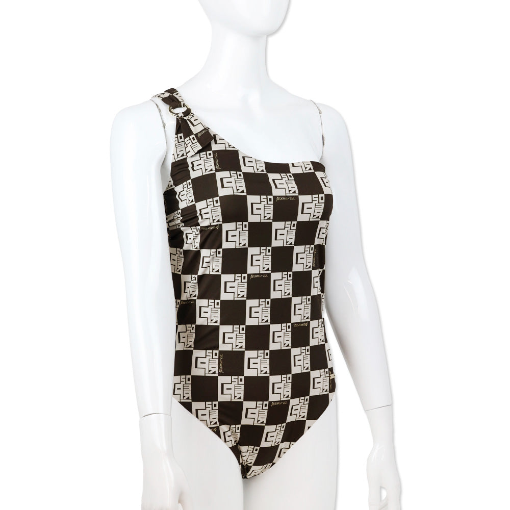 Peserico Brown/Cream Monogram Checkered Print One Shoulder One Piece Swimsuit