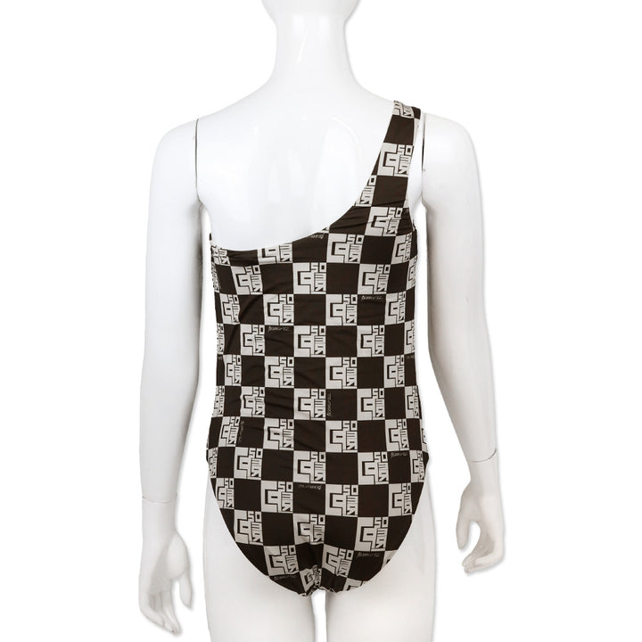 Peserico Brown/Cream Monogram Checkered Print One Shoulder One Piece Swimsuit