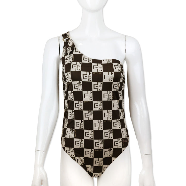 Peserico Brown/Cream Monogram Checkered Print One Shoulder One Piece Swimsuit