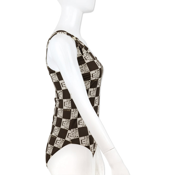 Peserico Brown/Cream Monogram Checkered Print One Shoulder One Piece Swimsuit