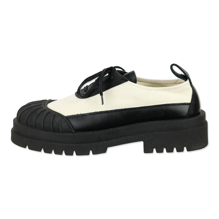 Plan C Black Calf Beige Canvas Lace-Up Low Combat Shoe