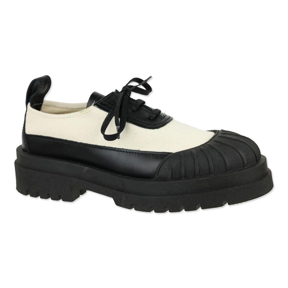 Plan C Black Calf Beige Canvas Lace-Up Low Combat Shoe