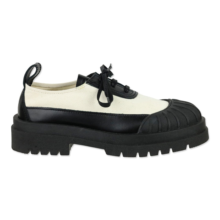 Plan C Black Calf Beige Canvas Lace-Up Low Combat Shoe