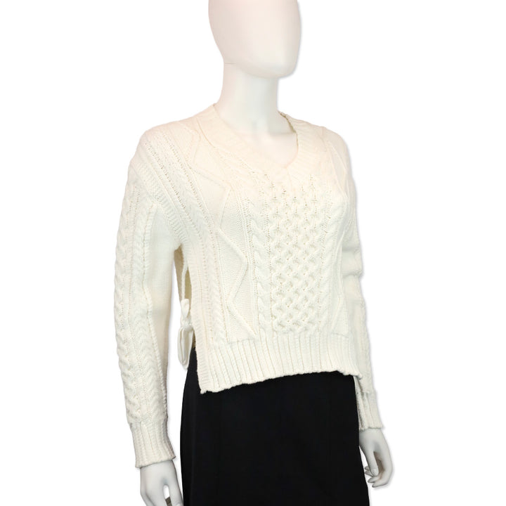 Polo Ralph Lauren White Cotton Cable Knit V-Neck Sweater