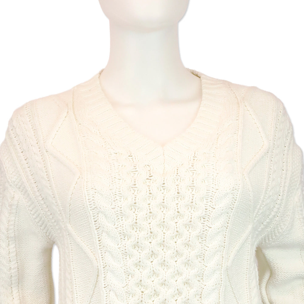 Polo Ralph Lauren White Cotton Cable Knit V-Neck Sweater