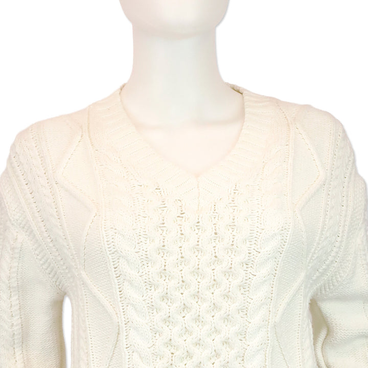 Polo Ralph Lauren White Cotton Cable Knit V-Neck Sweater