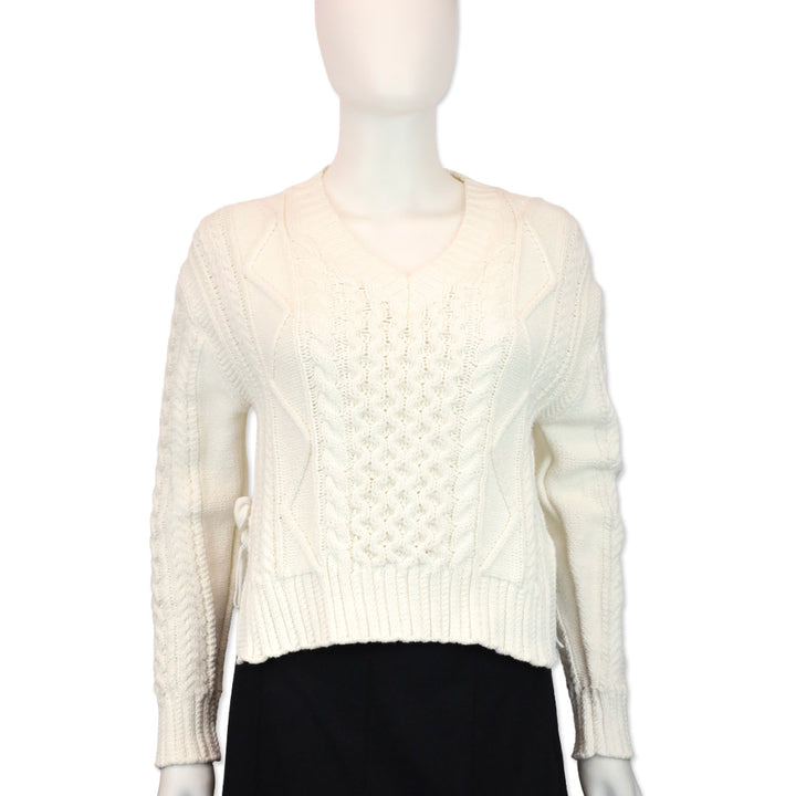 Polo Ralph Lauren White Cotton Cable Knit V-Neck Sweater