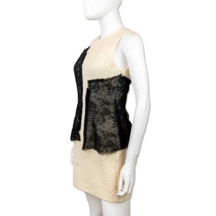 Prabal Gurung White Sherpa Wool Black Floral Lace Sleeveless Dress