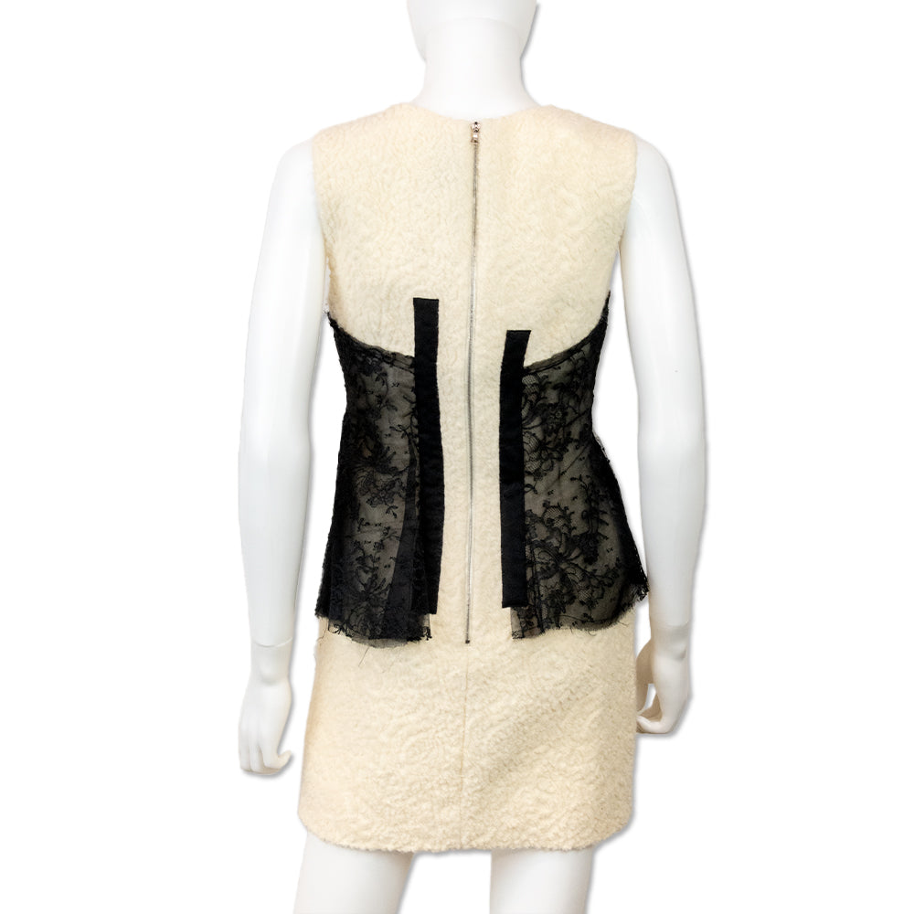 Prabal Gurung White Sherpa Wool Black Floral Lace Sleeveless Dress