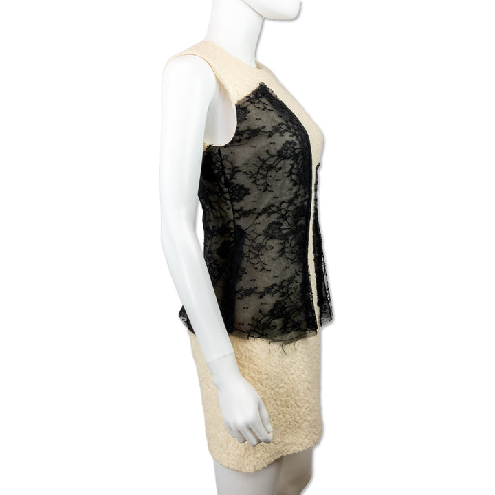 Prabal Gurung White Sherpa Wool Black Floral Lace Sleeveless Dress