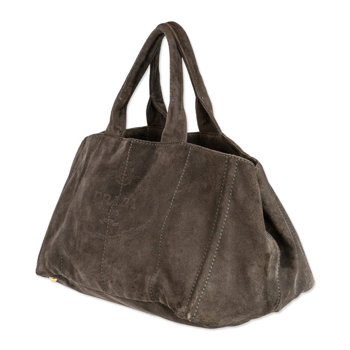 Prada Brown Suede Scamosciato Embossed Logo Tote