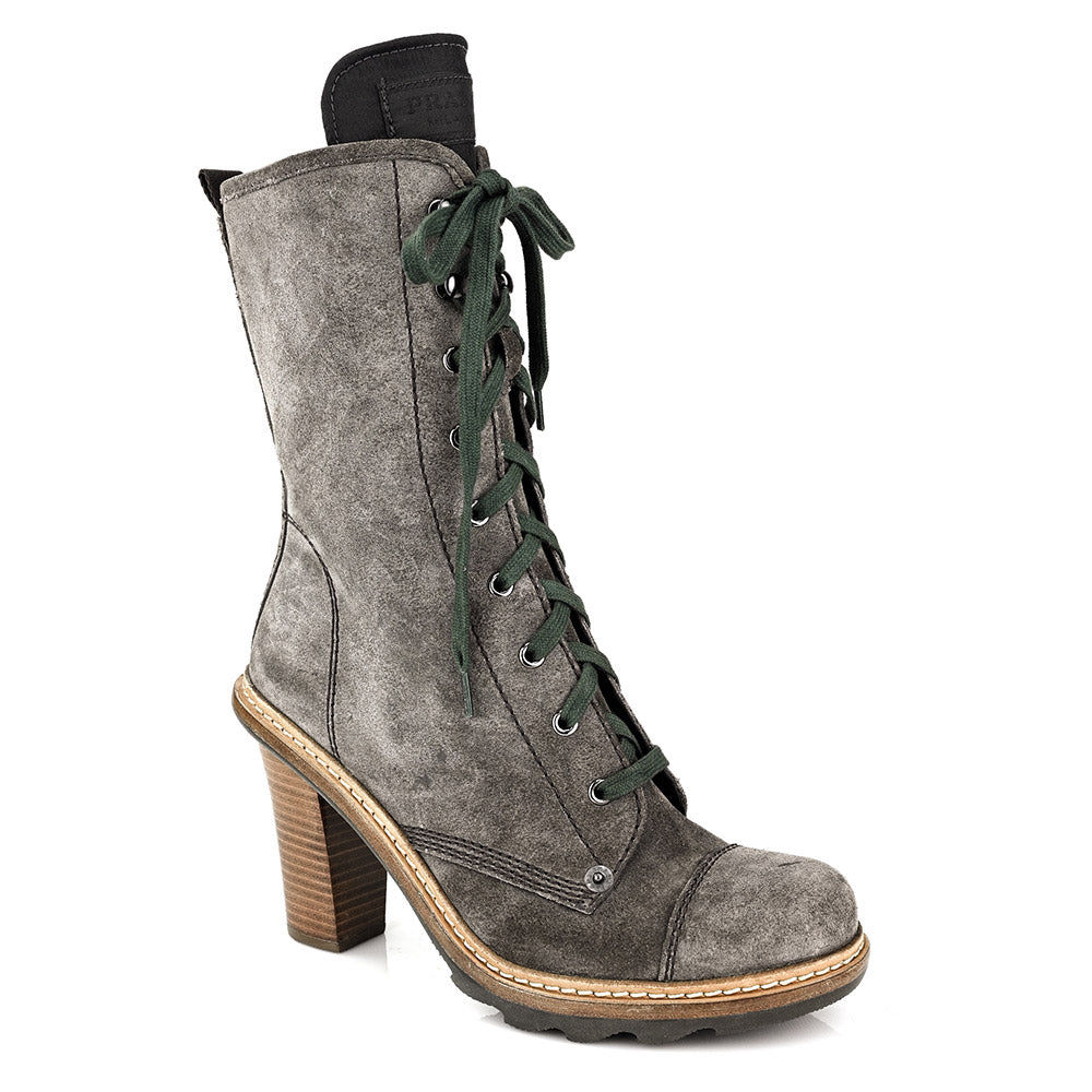 Prada Gray Suede High Heel Combat Boots