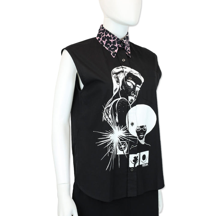 Prada 2018 Black Graphic Print Sleeveless Button-Up Top