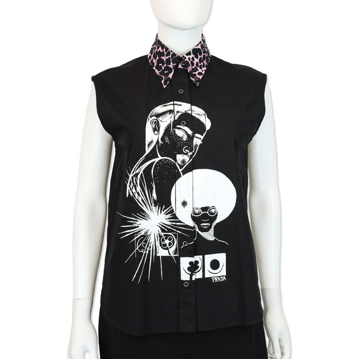Prada 2018 Black Graphic Print Sleeveless Button-Up Top