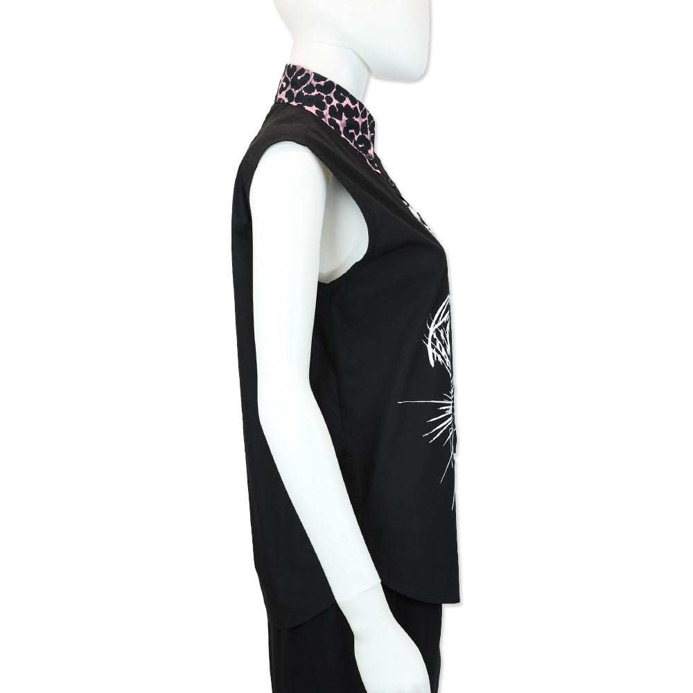 Prada 2018 Black Graphic Print Sleeveless Button-Up Top