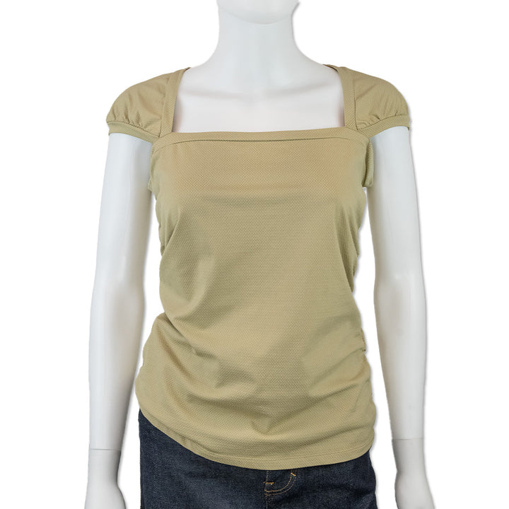 Prada Beige Ribbed Square Neck Ruched Top