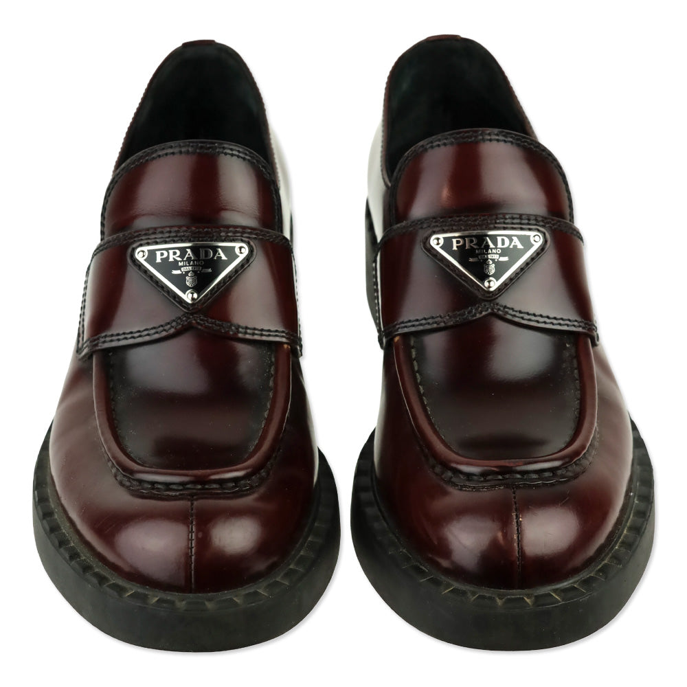 Prada Black Burgundy Brushed Leather Loafers
