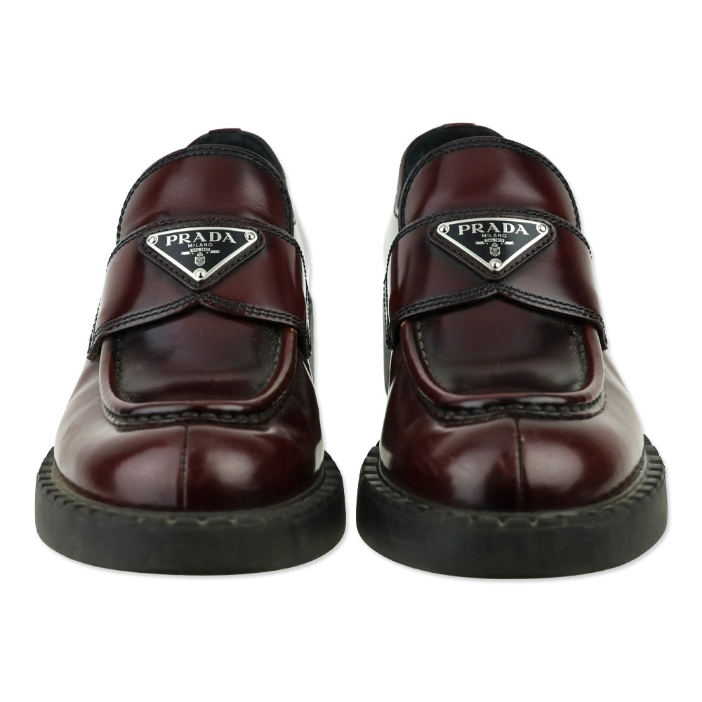 Prada Black Burgundy Brushed Leather Loafers