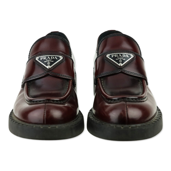 Prada Black Burgundy Brushed Leather Loafers