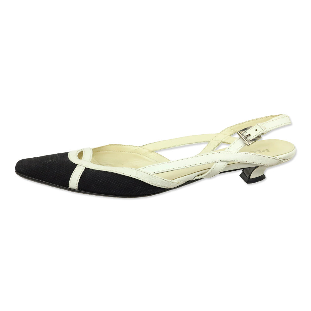 Prada Black Canvas White Leather Trim Slingback Kitten Heels
