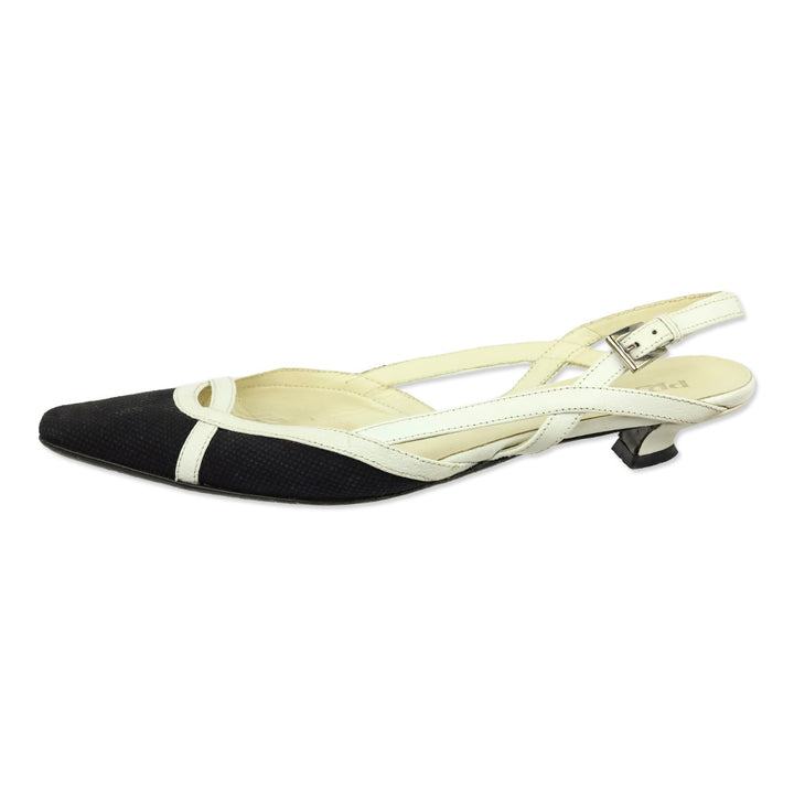 Prada Black Canvas White Leather Trim Slingback Kitten Heels