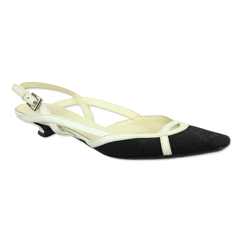 Prada Black Canvas White Leather Trim Slingback Kitten Heels