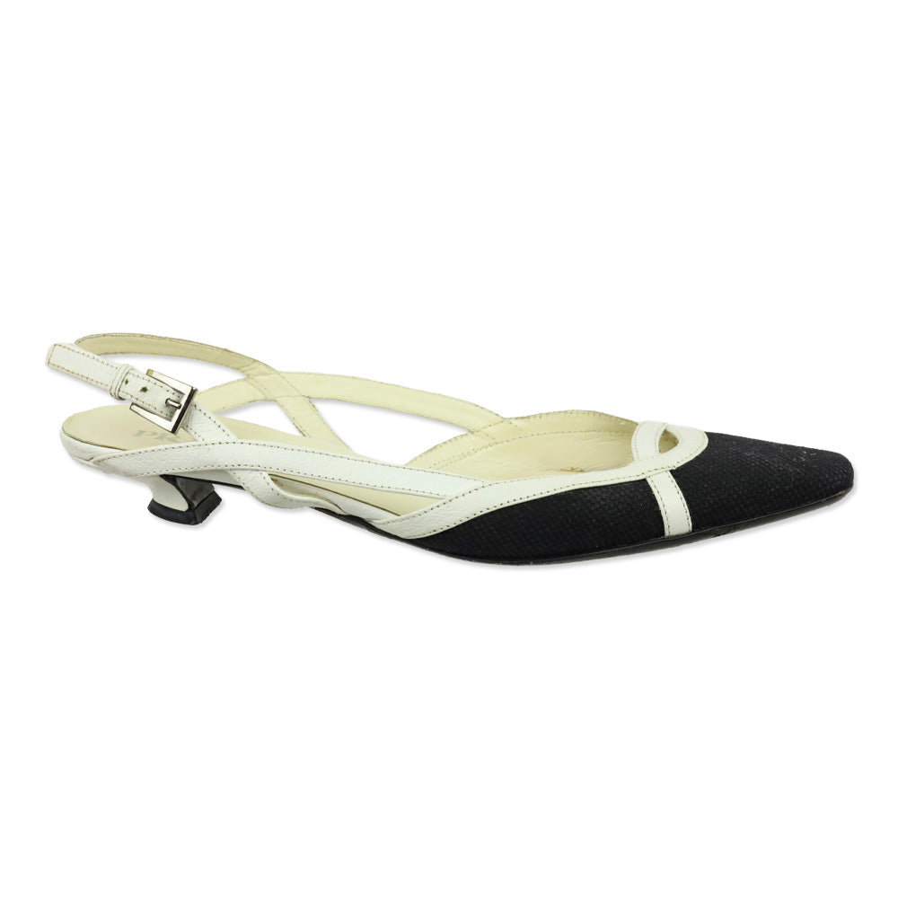 Prada Black Canvas White Leather Trim Slingback Kitten Heels