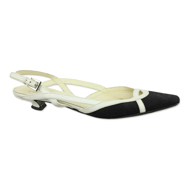 Prada Black Canvas White Leather Trim Slingback Kitten Heels