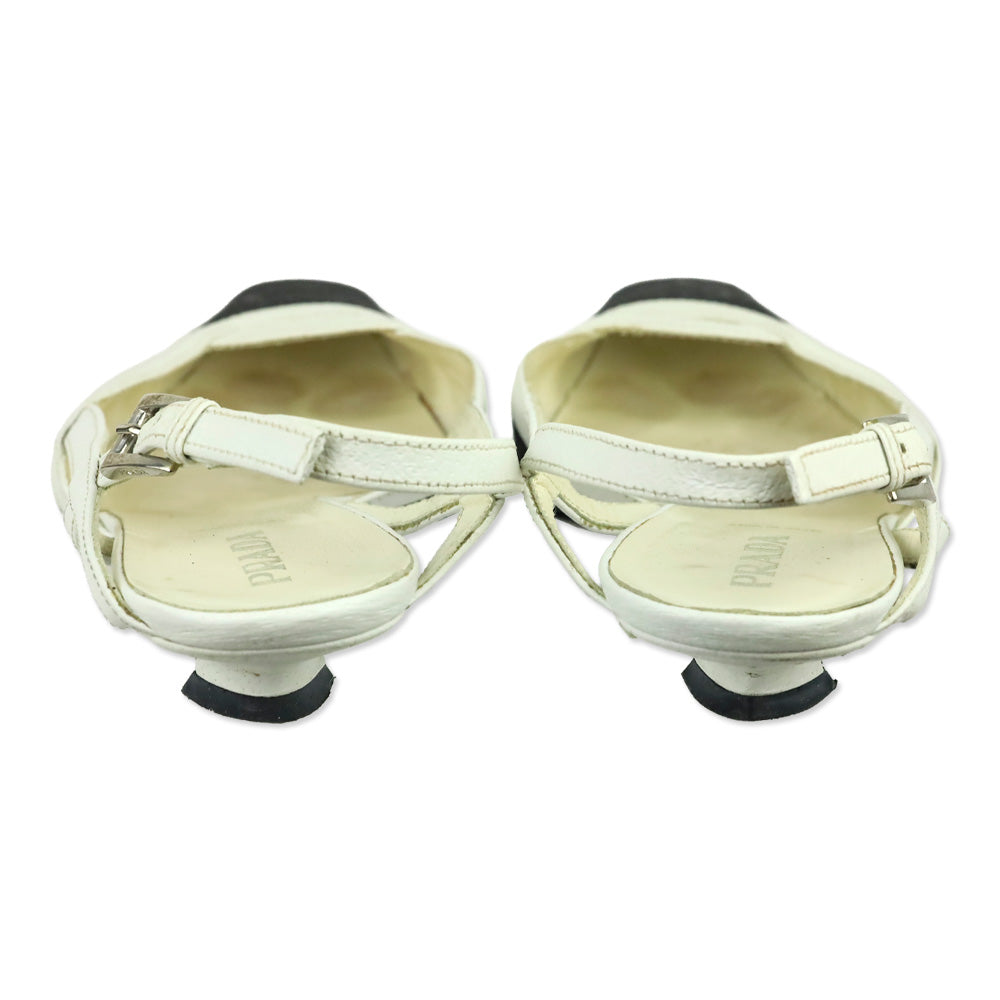 Prada Black Canvas White Leather Trim Slingback Kitten Heels