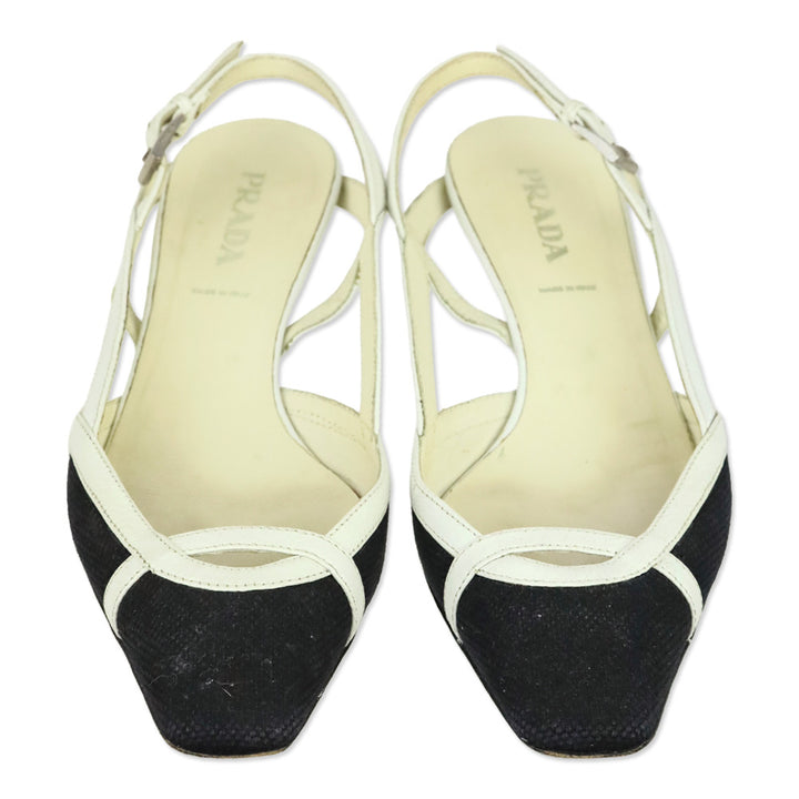 Prada Black Canvas White Leather Trim Slingback Kitten Heels