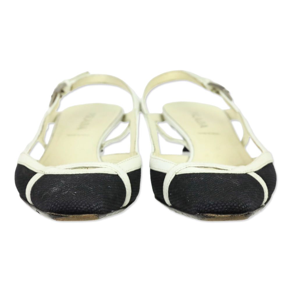 Prada Black Canvas White Leather Trim Slingback Kitten Heels