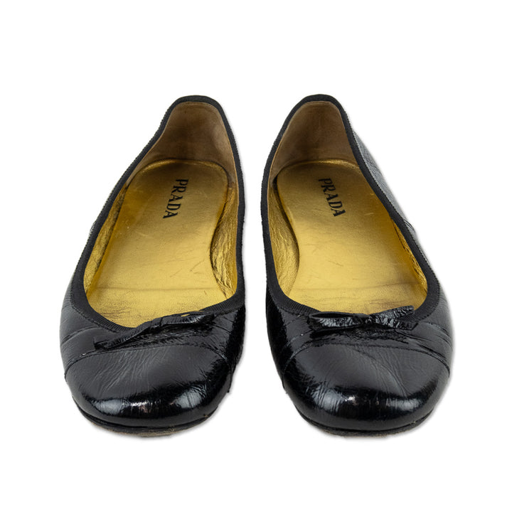 Prada Black Crinkled Patent Leather Bow Ballet Flats