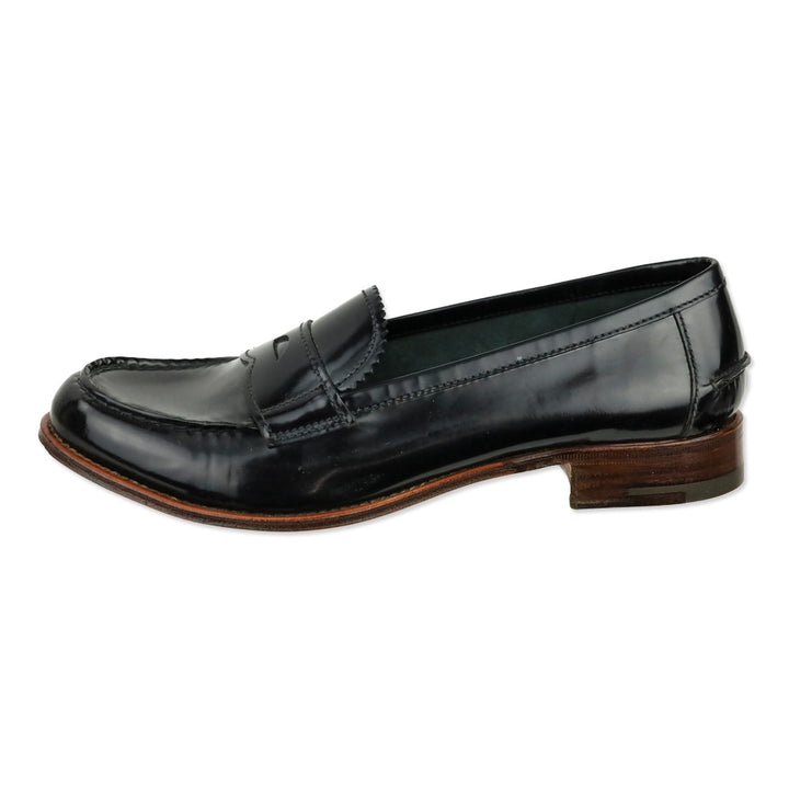 Prada Black Glossy Leather Serrated Trim Penny Loafer