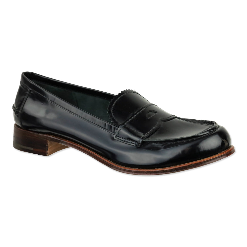 Prada Black Glossy Leather Serrated Trim Penny Loafer