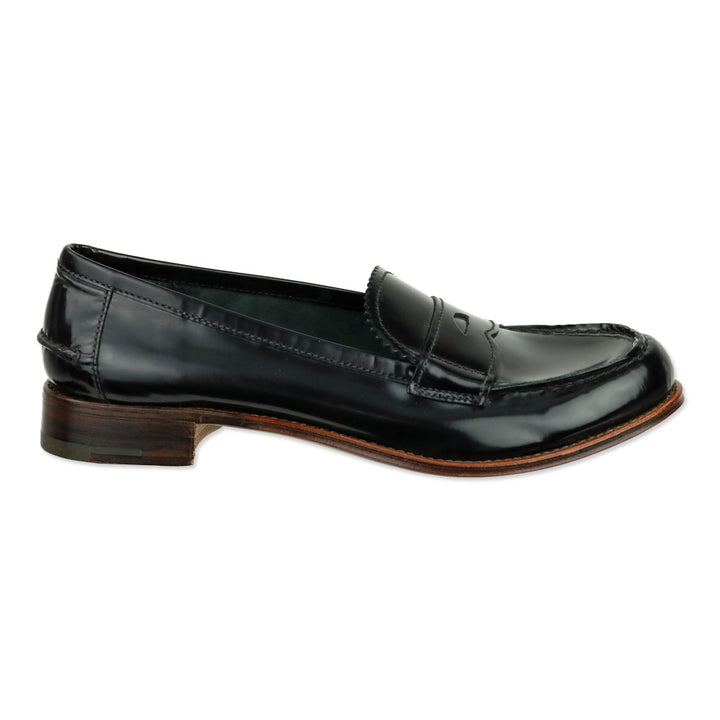 Prada Black Glossy Leather Serrated Trim Penny Loafer
