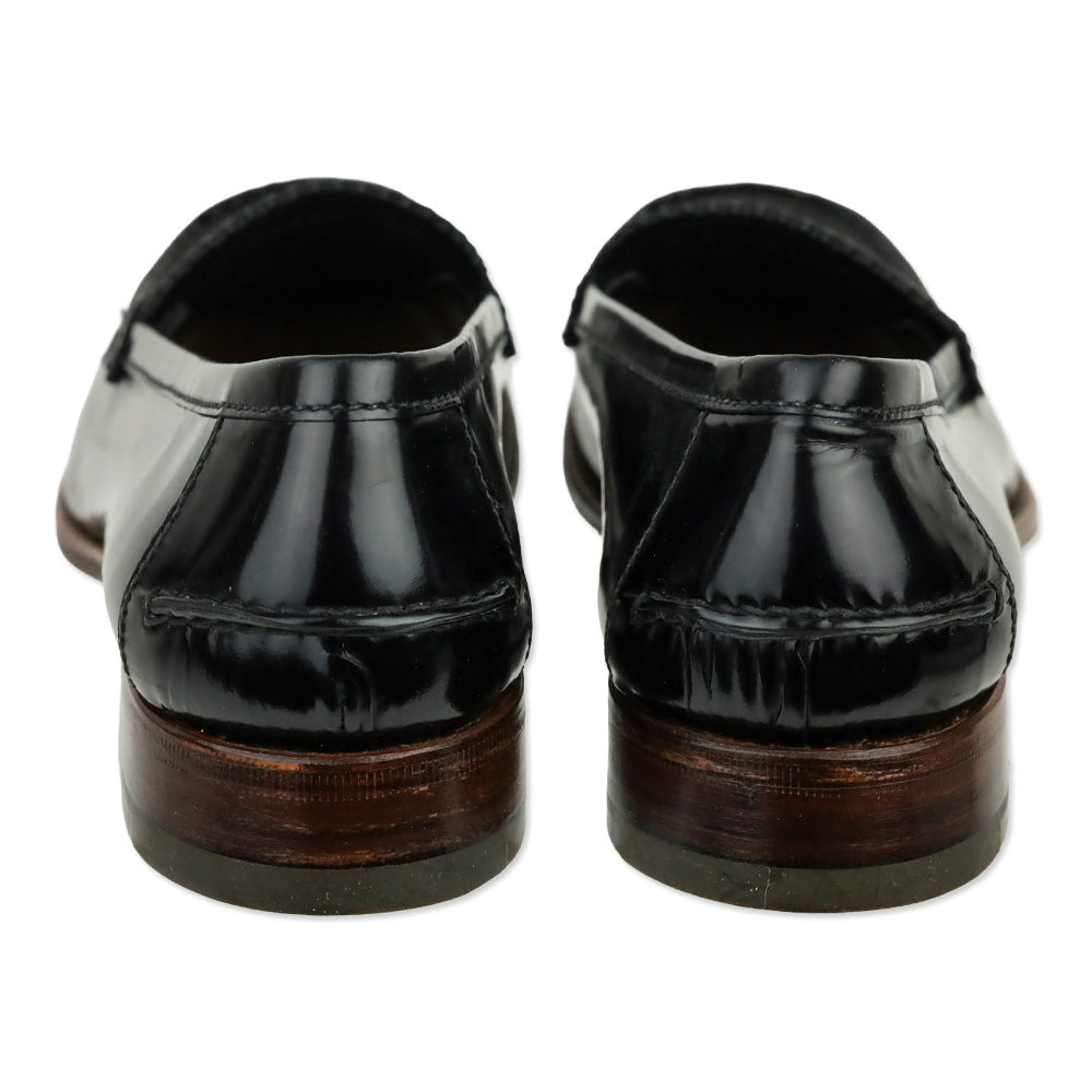 Prada Black Glossy Leather Serrated Trim Penny Loafer