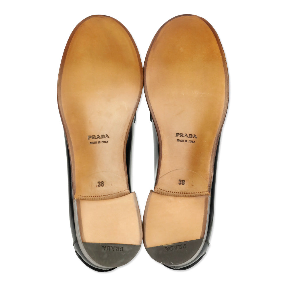 Prada Black Glossy Leather Serrated Trim Penny Loafer