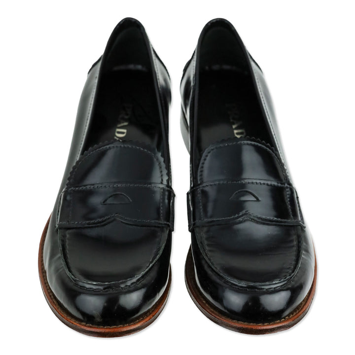 Prada Black Glossy Leather Serrated Trim Penny Loafer