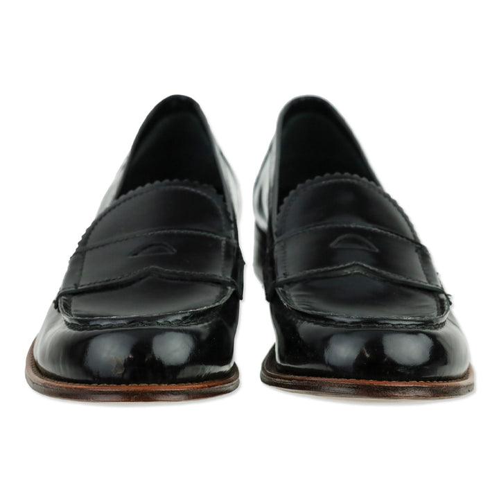 Prada Black Glossy Leather Serrated Trim Penny Loafer