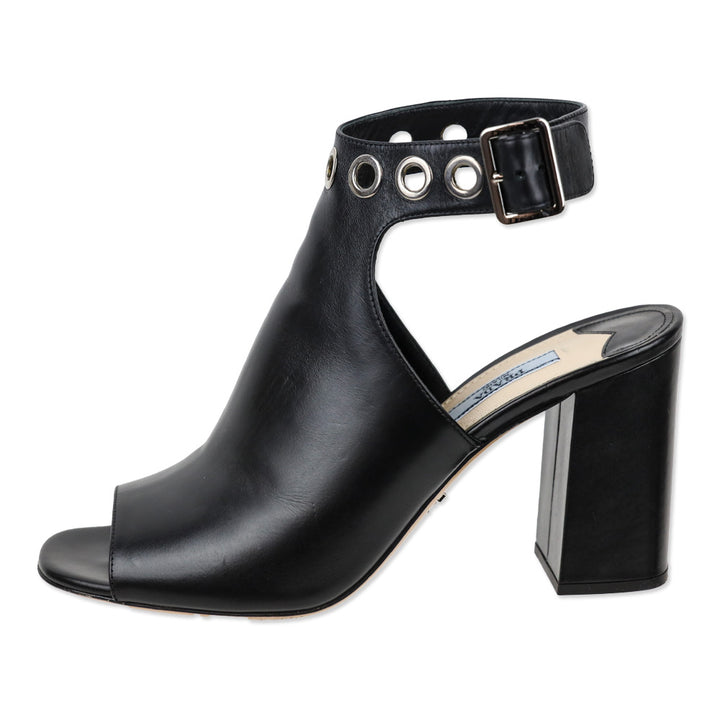 Prada Black Leather Grommet Block Heel Peep Toe Booties
