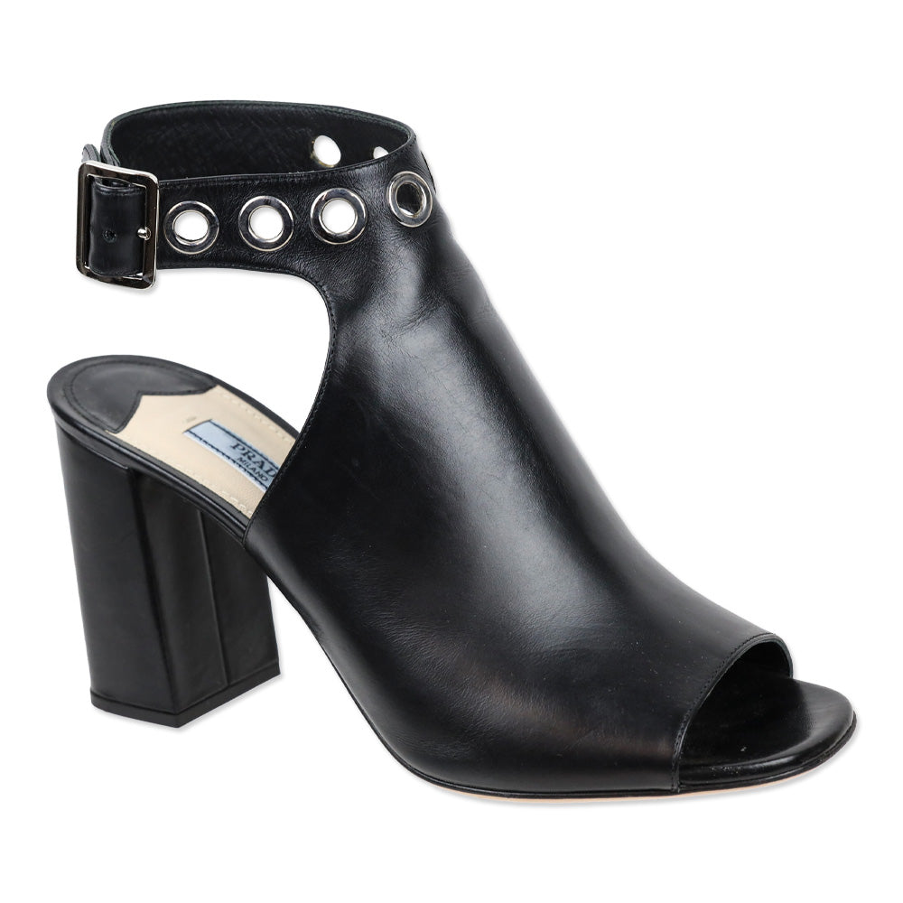Prada Black Leather Grommet Block Heel Peep Toe Booties