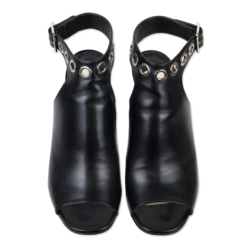 Prada Black Leather Grommet Block Heel Peep Toe Booties
