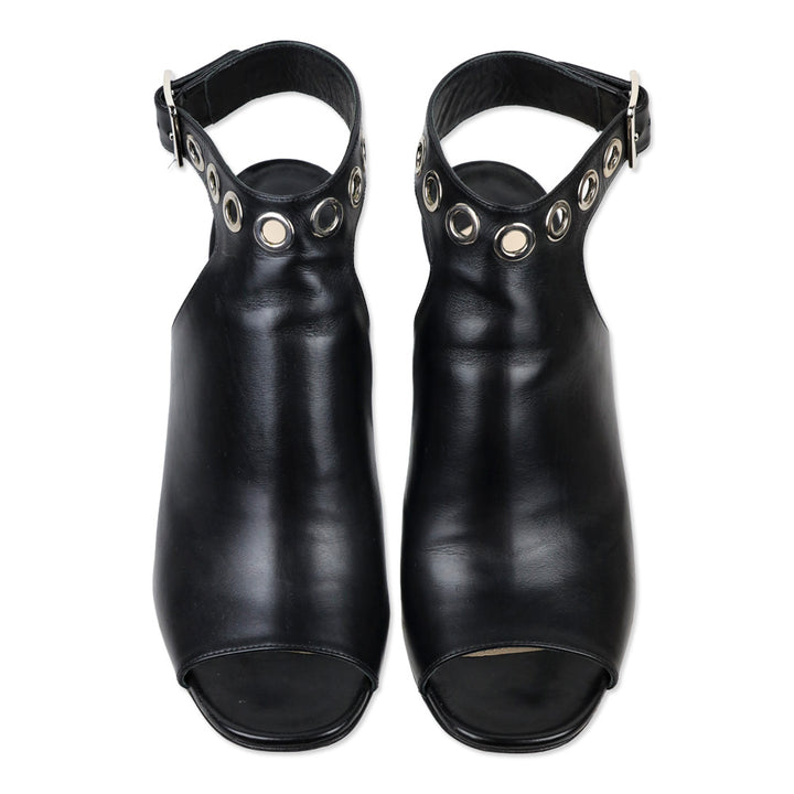 Prada Black Leather Grommet Block Heel Peep Toe Booties