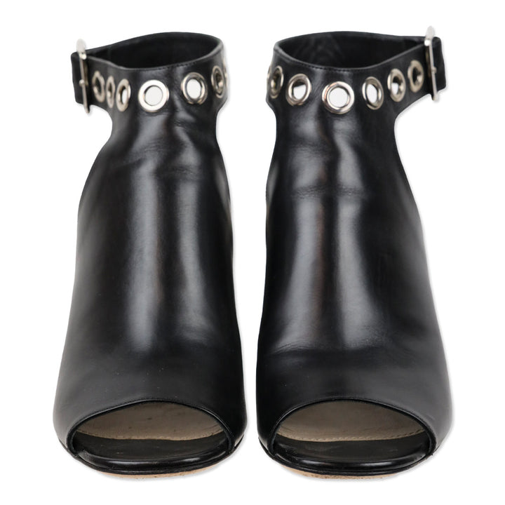 Prada Black Leather Grommet Block Heel Peep Toe Booties