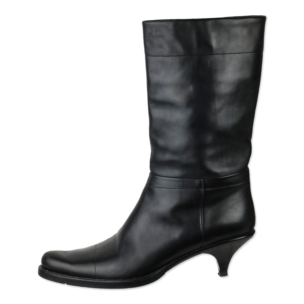 Prada Black Leather Kitten-Heel Calf Boots