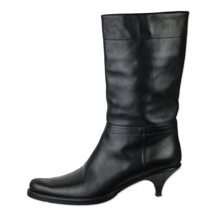 Prada Black Leather Kitten-Heel Calf Boots